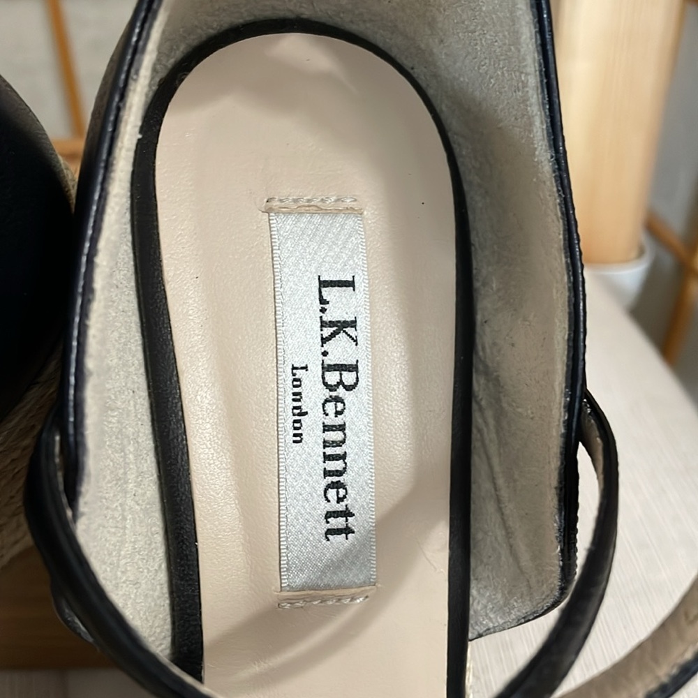 L.K. Bennett Black Leather Nellie Peep Toe Espadrille Wedge Heel EU 37.5 /US 7 - Picture 2 of 16